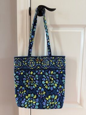 Vera Bradley Quilted Floral Tote in Navy with Aqua and Lime Accents